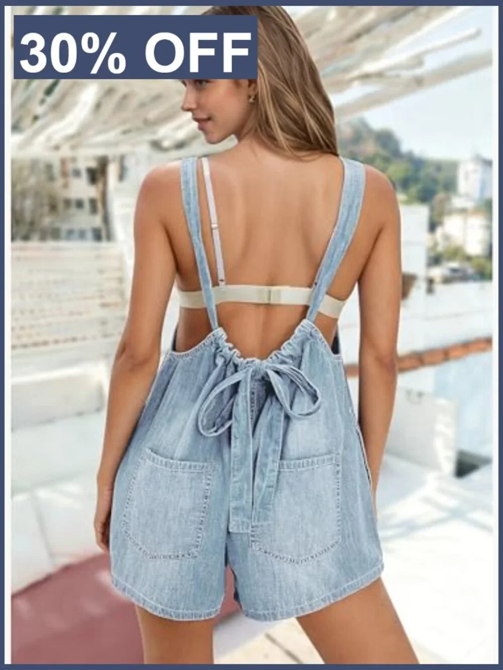 Women's Denim Overalls Shorts Romper Loose Fit Tie Back Summer Jumpsuit